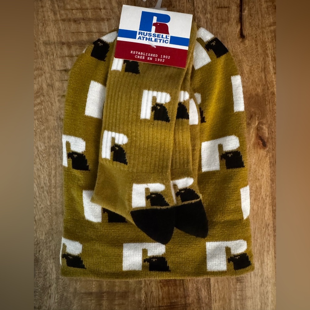 Russell Athletic mustard Yellow hat Beanie and Socks Combo set men’s NWT